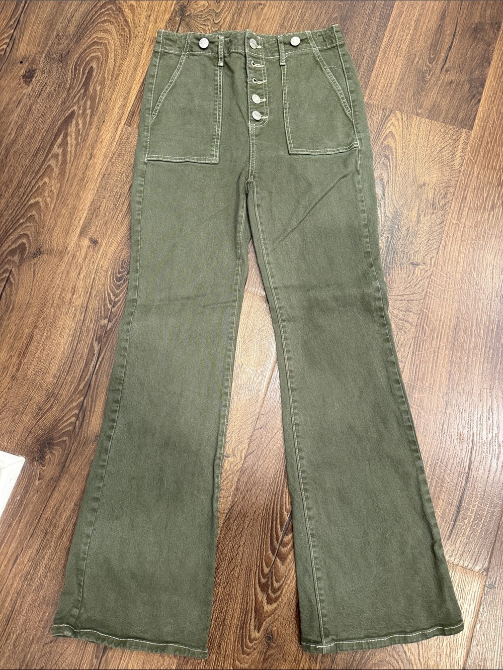 LOFT Olive Green Button-Front Flare Jeans